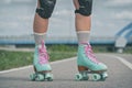 Woman rollerskater wearing knee protector pads Royalty Free Stock Photo