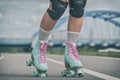 Woman rollerskater wearing knee protector pads Royalty Free Stock Photo