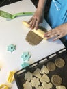 A woman rolls out the dough to make a shortbread cookie with sesame. Before shipment to the oven. Nearby lie molds for shaping the