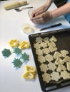 A woman rolls out the dough to make a shortbread cookie with sesame. Before shipment to the oven. Nearby lie molds for shaping the