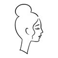 Woman romantic portrait, hair bun. Hand drawn style. Simple logo for beauty products