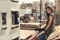 Woman on the roof of old building in Havana Royalty Free Stock Photo