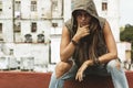 Woman on the roof of old building Royalty Free Stock Photo