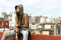 Woman on the roof of old building Royalty Free Stock Photo