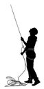 Woman with rope rock climbing instructor guides to climber up on rock vector silhouette illustration isolated on white.