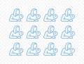 Woman and round clock and arrow vector icons collection. Outline person and horizontal analog clock, notifying each hour icons set