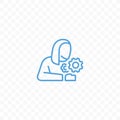 Outline person and cogwheel graphic icon. Woman and round gear wheel mechanism vector icon