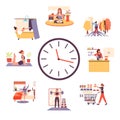 Woman routine on clock. Cartoon girl activities during daytime, female busy lifestyle schedule. Vector sleep work rest