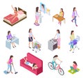 Woman daily routine. Housewife ironing and shopping, doing fitness and cooking. Female everyday lifestyle isometric