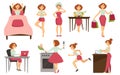 Woman daily routine vector icons.