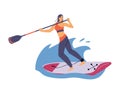 Woman rowing standing on wide paddle board, flat vector illustration isolated.