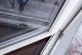 A woman in a rubber glove points to the mold. Plastic window and window sill in mold and dirt. Fungus and dampness at the wet Royalty Free Stock Photo