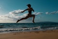 Woman run on the beach. Active sporty girl running along ocean surf by water pool to keep fit and health. Woman fitness Royalty Free Stock Photo