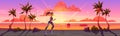 Woman run on palm road at sunset vector background Royalty Free Stock Photo