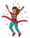 Woman runner cross the finish line. Cartoon style. Marathon. Royalty Free Stock Photo