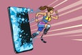 Woman runner disabled leg with prosthesis Phone gadget smartphone. Online Internet application service program
