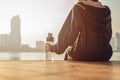 Woman runner takes a break after jogging in the morining Royalty Free Stock Photo