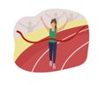 the woman runner is the winner, she crosses the finish line through a red ribbon. Running competition, marathon distance or sports Royalty Free Stock Photo