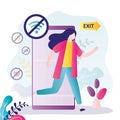 Woman running away from digital addiction. Female character runs out of smartphone screen to exit. Freedom from Internet and Royalty Free Stock Photo