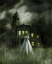 Woman running away from a haunted house Royalty Free Stock Photo