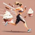 Woman running away from sweets and junk food. A good looking young athletic woman is trying to run away from unhealthy food.