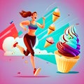 Woman running away from sweets and junk food. A good looking young sportive woman is trying to run away from unhealthy food.