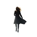 Woman running away wearing a black trench coat. Pretty brunette mysterious woman back view. Transparent PNG background.