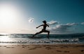 Woman running on the beach. Healthy woman run at sea, girl doing sport outdoor, happy female exercising, fitness and Royalty Free Stock Photo