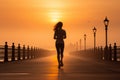 A woman running on a bridge at sunset with the sun setting behind her, AI