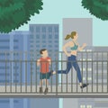 Woman running on an elevated rail trail illustration