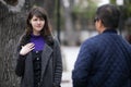 Woman Running into an Ex Boyfriend on the Street Royalty Free Stock Photo