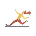 Woman running fast, female character falling on wet floor or road surface
