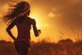 Woman Running in Field at Sunset, Active and Serene Outdoor Exercise, woman athlete running in the field at sunset, dramatic Royalty Free Stock Photo