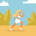 Woman running. Girl in fashionable sportwear jogging in the park. Female athlete. Sporty person. Vector flat color Royalty Free Stock Photo