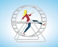 Woman running in hamster wheel, squirrel wheel. Stress in life.Vector illustration.
