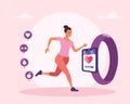 Woman running healthy icons and exercise data in smartwatch.