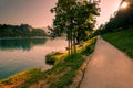 woman running in the morning at lake bled. Healthy lifestyle concept Royalty Free Stock Photo