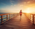 Woman running ocean beach board. Generate Ai Royalty Free Stock Photo