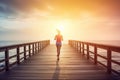 Woman running ocean beach. Generate Ai Royalty Free Stock Photo