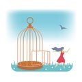 Woman running out of cage. Freedom from abuse concept