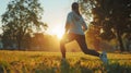 Woman Running in a Park During Sunset in the Style of 32k UHD