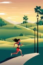 Woman running in park, Trail runner running on forest path at dawn