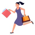 Woman running with shopping bag. Girl hurrying for big sale discount
