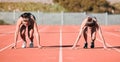 Woman, running and start in sports competition, race or fitness on outdoor stadium track together. Female person or Royalty Free Stock Photo