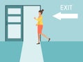 Woman running to exit vector illustration. Business woman runs exit door sign vector illustration. Girl escapes from the Royalty Free Stock Photo