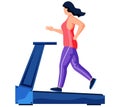 Woman running on treadmill. Fitness trainer showing movement. Lady doing sports on special device