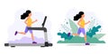 Woman running on the treadmill and in the park. Concept illustration for jogging, healthy lifestyle, exercising.