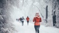 Woman running in winter forest. Female runner jogging in snowy forest
