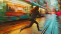 Woman runs away from camera. Vibrant colors. Surroundings in motion blur.