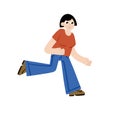 Woman runs. Hurrying character gestures. Flat cartoon illustration isolated on white. Happy girl in active motion.